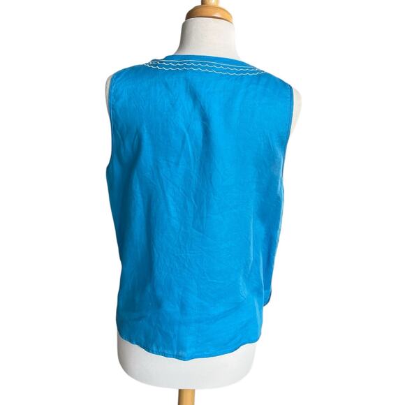 HIHO Tortola Linen Embroidered Sleeveless Top Blue Resort Coastal Scallop Large - Picture 2 of 10